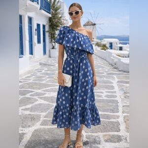 Shoshanna Mykonos Polka Dot Summer Vacation One Shoulder Dress